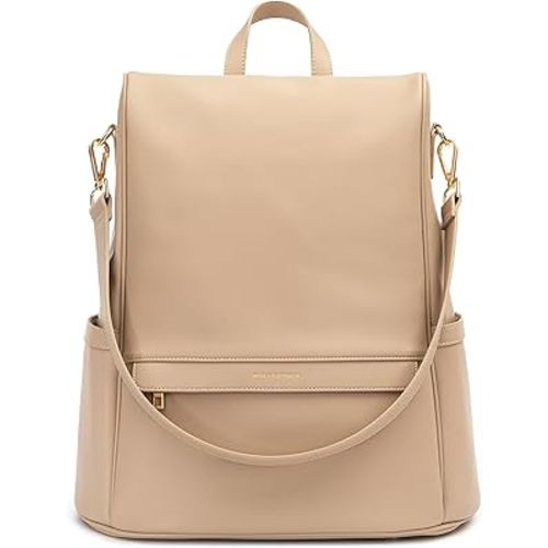 MIA + SOPHIA Leather Diaper Bag Backpack with USB Charging port, Changing Pad, Stroller Straps, and Bottle Holder (Beige Mia)