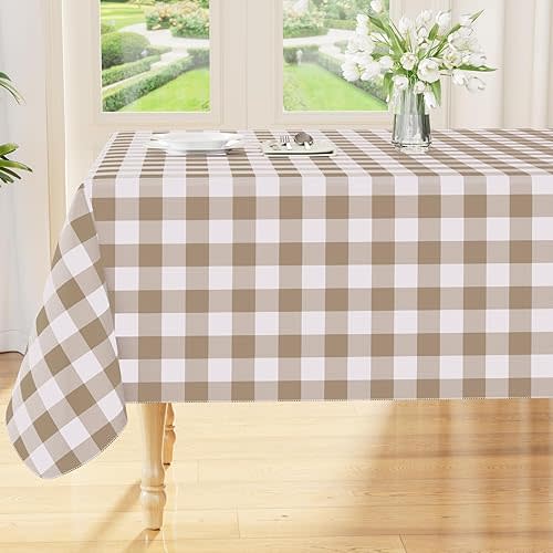 Smiry Rectangle Table Cloth, Waterproof Vinyl Tablecloths with Flannel Backing, Wipeable Buffalo Plaid Table Cover for Dining, Indoor and Outdoor (Khaki & White, 60"x84")