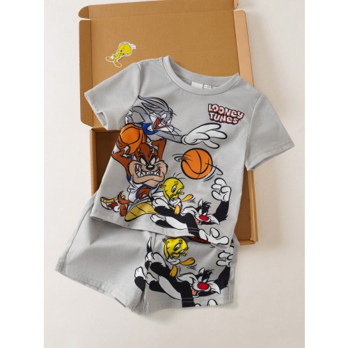 LOONEY TUNES X SHEIN Baby Boy Casual Outfit: Crew Neck Cartoon Letter Print Short Sleeve T-Shirt And Shorts Set