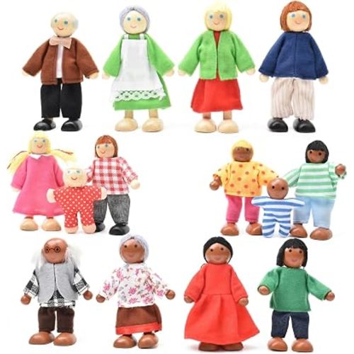 14 Pcs Wooden Dollhouse People Figures, Poseable Wooden Dolls for Girls and Toddlers, Multicultural Pretend Play Toy
