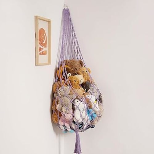 Upgrade Stuffed Animal Hammock Corner or Wall Hanging Net for Stuffy Animal Storage Macrame Toy Display Over Door Toy Holder Kid Bedroom Decor Playroom Organizer (Purple)