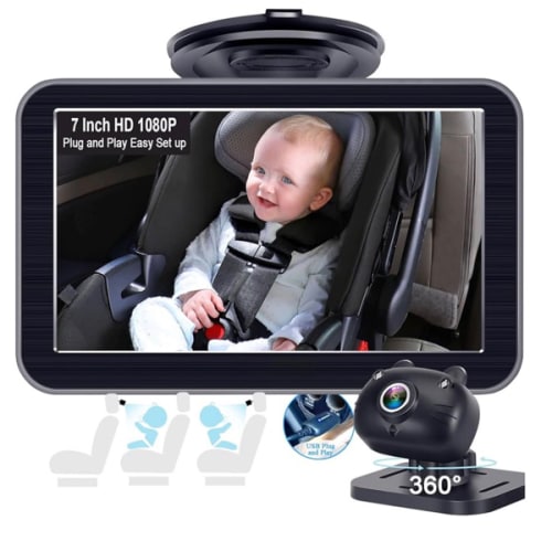 DoHonest Baby Car Camera 7-Inch: USB Plug and Play Easy Setup 360 Degree Rotating Backseat Camera Two Kids HD 1080P Rear Facing Car Seat Cameras Clear Night Vision -V9