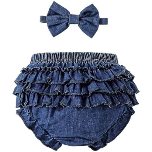 SOBOWO Baby Girl Bloomers Denim Ruffle Diaper Cover for Girls Infant Summer Shorts Headband for Birthday, Cake Smash, Photo