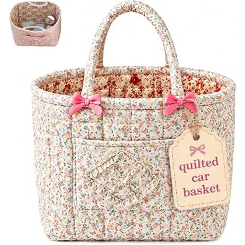 Women's Large Capacity Quilted Car Storage Basket Tote Bag with Handles & Pocket Foldable Washable Diaper，colorful