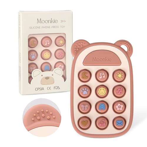 Moonkie Silicone Press Phone Teething Toy for Baby 3 Months+ | Soft BPA-Free Teether with Icon & Number Pop Bubbles | Ideal Gift for Baby Girls