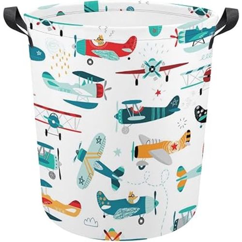 Airplanes Aircrafts Boys in Turquoise Red Orange Seamless Collapsible Waterproof Laundry Hamper, Lightweight Washing Basket Bin Storage Organizer Bucket with Handles for Toys Clothes