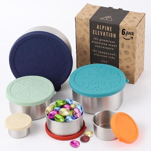 12 Pcs - 6 Stainless Steel Containers + 6 Silicone Lids | 304 Stainless Steel Snack Container | Nesting Snack and Dip Containers | Metal Food Storage