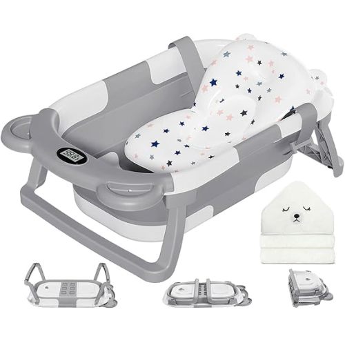 MoreFeel Bañera plegable para bebé recién nacido con termómetro y 1 toalla con capucha y 1 cojín flotante suave, bañera de viaje portátil con orificio de drenaje, tinas plegables duraderas para bebés