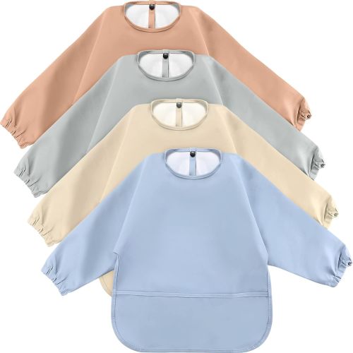 JaGely 4 Pack Long Sleeve Baby Bibs Waterproof Long Sleeved Bib Baby Eating Smock Bib Feeding Shirt Bib with Food Catcher - Multicolor