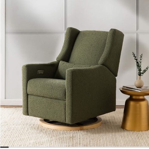 Babyletto Kiwi Olive Green Boucle Nursery Power Glider Recliner Chair with Light Wood Base