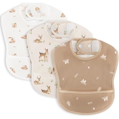 Baby Feeding Bibs Mess Proof Bibs Waterproof Adjustable Baby Bibs with Large Food Catcher for Unisex Baby Infant, 3 Pack