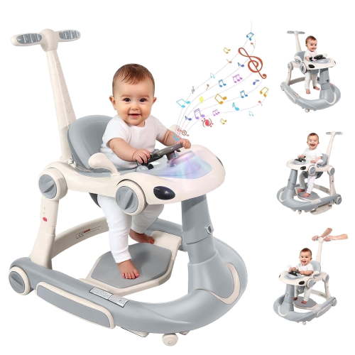 4 in 1 Push Baby Walker (Walker/Jumper/Rocking/Trolley Mode), Foldable Music Toddler Walker W/ 3 Height Adjustable for Infant 6-18 Months,Grey