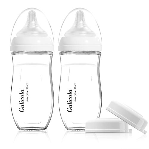 Natural Glass Baby Bottle for Breastfed Babies, Anti-Colic Baby Bottle Set with Medium Flow Nipple, 3 Months +, 8 oz, 2 Pack - White