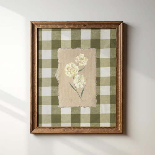 Green Gingham Flower Print, Trendy Decor, Vintage Painting, Floral, Nursery, Farmhouse Wall Art, Modern Wall Decor For Living Room, 16x24 UNFRAMED