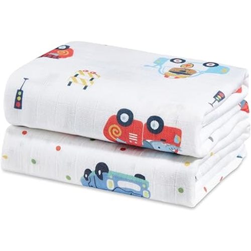 2-Pack 100% Cotton Muslin Swaddle Blankets, Large 47 x 47 Inches — Breathable Soft Receiving Blankets for Newborns, Swaddling Wraps, Baby Essentials, Registry Gift (Worksite Vehicle Set)