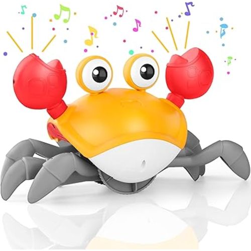 Crawling Crab Baby Toy, Upgraded Tummy Time Gifts for Newborn Babies 3-6 6-12 Month, Light-Up Walking Dancing Moving Crab with Music & Obstacle Avoidance, Rechargeable Sensory Development Toy (Orange)