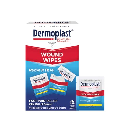 Dermoplast Wound Wipes, Antiseptic First Aid Cloths, 10 Count | Sting-free medicated antiseptic wipes help clean and relieve minor cuts, scrapes and burns on the go.