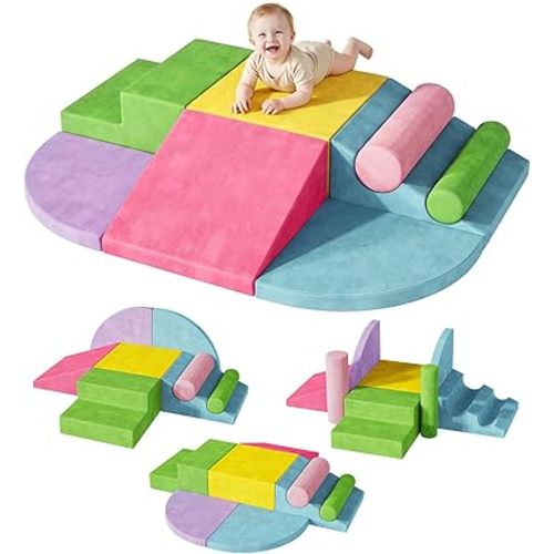 Teckid Toddler Climbing Toys 8-Piece Indoor Soft Foam Blocks Set, Safe Crawling, Climbing and Sliding Play Gym for Kids, Baby Climbing Playset