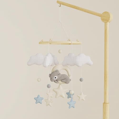 Baby Crib Mobile – Handmade Moon Bear Nursery Mobile, Mobile for Crib Neutral Felt Clouds Stars Hanging Toy, Beech Wood Ring Bassinet Mobile Baby Mobile Decor Gift