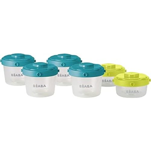 BEABA Clip Containers, Set of 6, 2 oz & 4 oz, Baby Food Storage Containers with Lid, Reusable Baby + Toddler Snack Containers, Freezer & Dishwasher Safe, Peacock