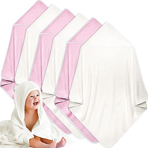 6 Pack 30 x 30 in Hooded Baby Bath Towels, Pink, White