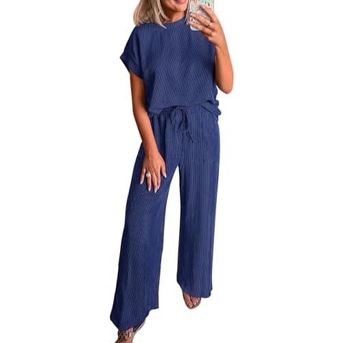 KIRUNDO 2 Piece Sets for Women Dressy Casual Ribbed Knit Short Sleeve Tops Wide Leg Pants Lounge Set Travel Airport Outfits