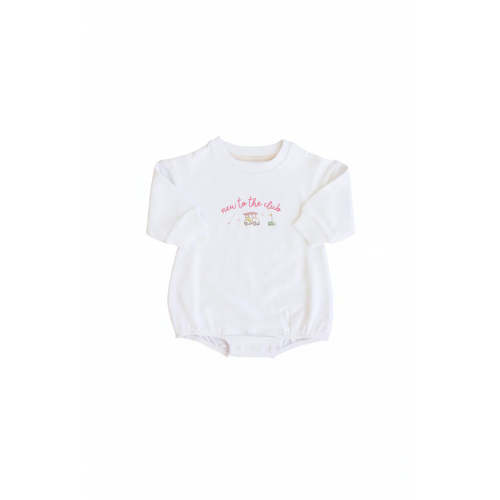 New To The Club Graphic Sweatshirt Bubble Romper | White