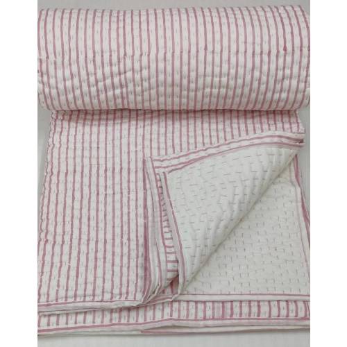 Handblock Printed Kantha Quilt, White Throw Blanket with Light Pink Stripes, Lightweight Cotton Blankets.
