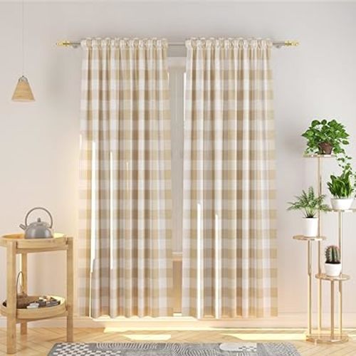 Buffalo Check Curtains 84 inch Length Kitchen Living Room Bedroom Beige White Gingham Plaid Window Basement Drapes 2 Panels Rod Pocket Window Treatment Set beige check under sunlight may show yellow