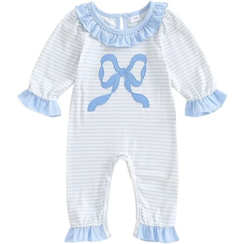 Newborn Baby Girl Fall Winter Clothes Bow Jumpsuit Striped Peter Pan Collar Bubble Romper Ruffle One Piece Outfits