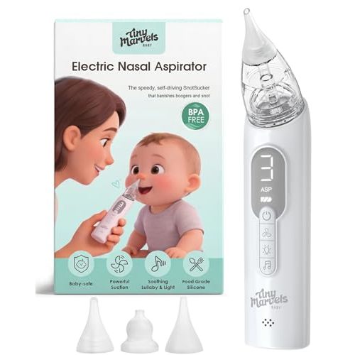 Nasal Aspirator for Baby, Baby Nose Sucker with 3 Suction Level, Tiny Marvels Electric Nose Cleaner for Congestion & Allergy Relief, 3 Silicone Tips, Music Light Soothing, USB
