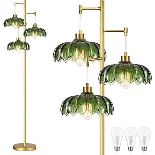 AHDWDW Gold Floor Lamp for Living Room Bedroom,Modern Floor Lamps with Unique Green Glass Shades,3 Lights Mid Century Tall Standing Lamp,Vintage Tree Flower Floor Lamp for Corner Office Reading