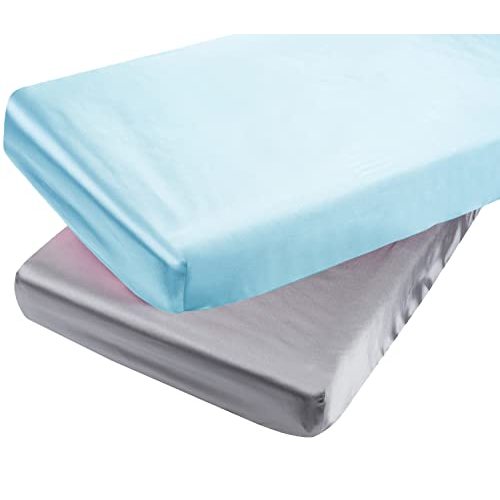 Satin Pack n Play Sheet Set 2 Pack Ultra Soft Fitted Mini Crib Sheets | Silk Feeling Playard Sheet Protect for Baby Hair and Skin,Grey & Lt Blue