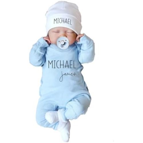 Personalized Newborn Coming Home Outfit,Custom Baby Bodysuit and Hat with Name,Newborn Long Sleeve Rompers (Style 2)