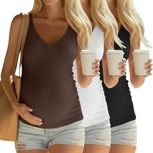 3 Pack Women's Maternity Tank Tops 92% Cotton Ribbed Knit Summer Pregnancy Shirts Sleeveless V Neck Basic Clothes