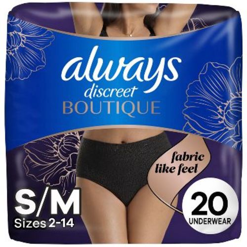 Always Discreet Boutique Adult Postpartum Incontinence Underwear for Women - Black - Small/Medium - 20ct