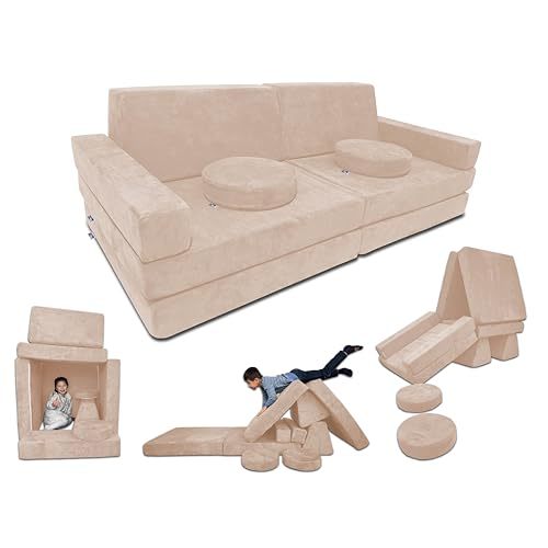 Mod Blox 10 Piece Soft Modular Kids Play Couch for Boys and Girls｜Child Sectional Fort Building Sofa for Toddlers Playroom with Microsuede Covers and High Density Convertible Foam Cushions (Beige)