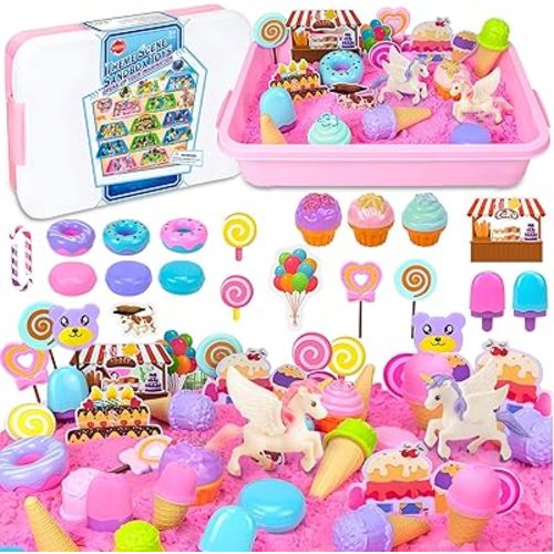 SMILESSKIDDO Play Sand Kit - Ice Cream Sensory Bin Toy for Kids with 2.2lb Magic Sands, Ice Cream Molds and Cleaning Tools, Unicorn Tactile Toys for Kids 3-8
