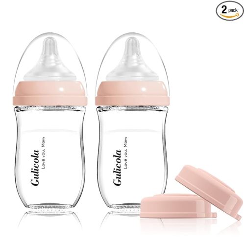 Gulicola Natural Glass Baby Bottle for Breastfeeding Babies, Newborn Anti-Colic Bottle Set with Slow Flow Nipple, 0-3 Months, 5 oz, 2 Pack - Pink