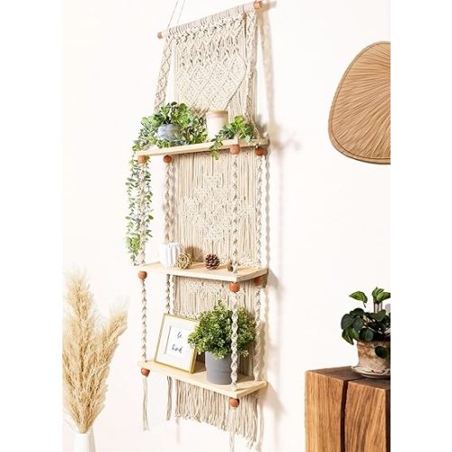 Macrame Wall Hanging Shelf 3 Tier Boho Wall Plant Hanger Shelves, Handmade of Woven Rope Boho Shelves Organizer for Living Room Bathroom Home Storage Floating Plant Rack Bohemian décor
