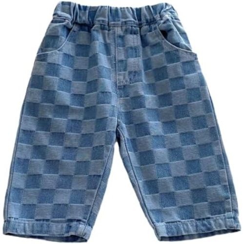ACSUSS Unisex Plaid Pants Baby Toddler Checkered Jeans High Waisted Denim Pants for Daily Casual Wear