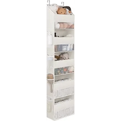 GRANNY SAYS Over The Door Organizer, 5-Shelf Waterproof Behind The Door Storage with 8 Pockets and Clear Window, Anti Tilt 45lb Large Capacity Door Hanging Organizer for Nursery, Laundry, Beige