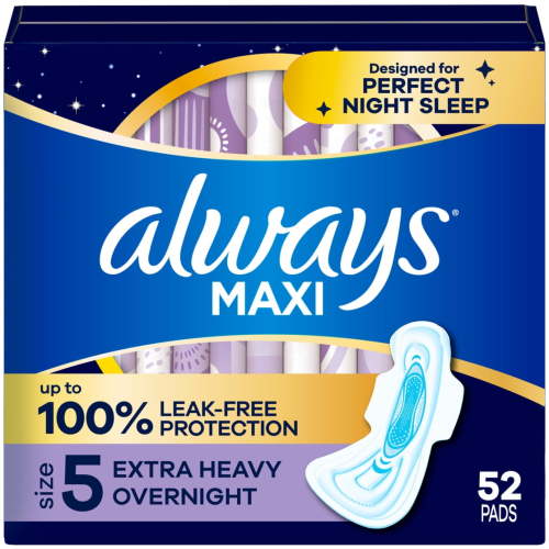 Always Maxi Overnight Pads with Wings for Women, Size 5, Extra Heavy Overnight Absorbency, Unscented, 52 Count HSA/FSA Eligible