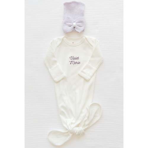 Personalized Organic Cotton Knotted Gown with Hand Stitched Bow Hat