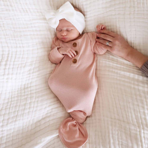 Lovely Pink Waffle Bamboo Newborn Baby Knot Gown & Hat Set