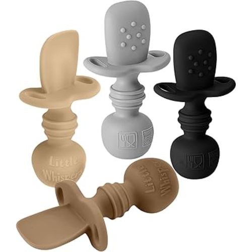LittleWhispers Baby Silicone Spoons - Self Feeding 6 Months - Infant, Toddler, & Kid Friendly Utensils - First Stage, Baby Led Weaning - 4 Pack Utensil Set (Neutral)