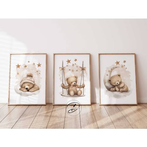 Neutral Teddy bear Wall art, Set of 3 prints, Nursery wall decor, baby shower gift idea, Boho Nursery prints, moon print, Bear Nursery decor