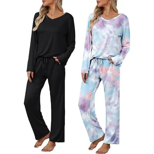 Ekouaer Womens 2 Pack Pajama Set Long Sleeve Pajamas Top and Pants V Neck Pjs Set Soft Loungewear with Pockets