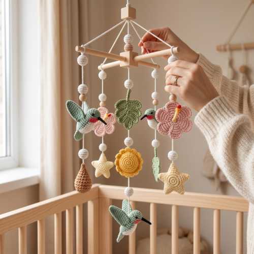 Hummingbird Baby Mobile, Crochet Floral Crib Mobile, Boho Nursery Decor, Handmade Bird Mobile, Neutral Baby Shower Gift, Montessori Mobile