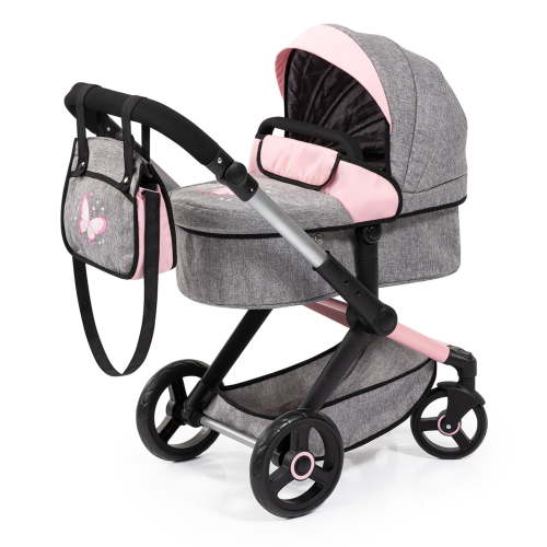 Bayer: Pram Xeo: Butterfly Grey & Pink - Matching Handbag, Adjustable Handle, for Dolls Up to 20", Ages 3+ | Dress Up